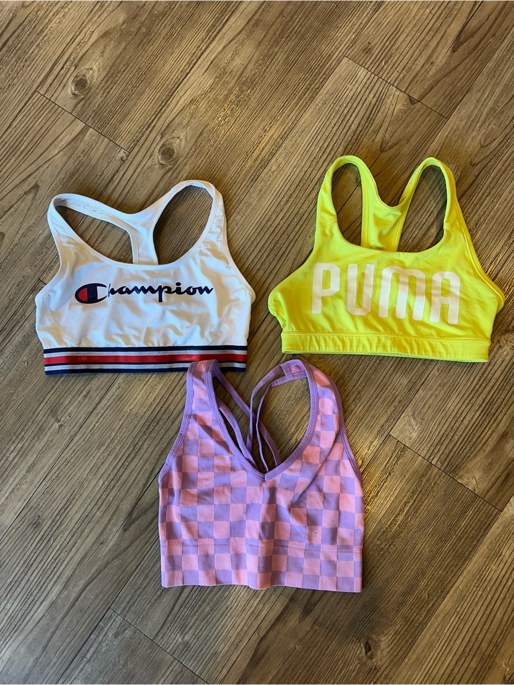 Lot of 3 Sports Bras - PUMA, Champion & Lavender Checkered Seamless Crop